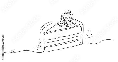 Line art of strawberry cake slice with whipped cream topping and decorative elements. None editable stroke