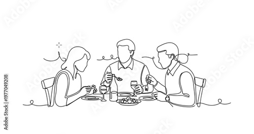 Caucasian adults enjoying meal together in minimalist line art style. None editable stroke