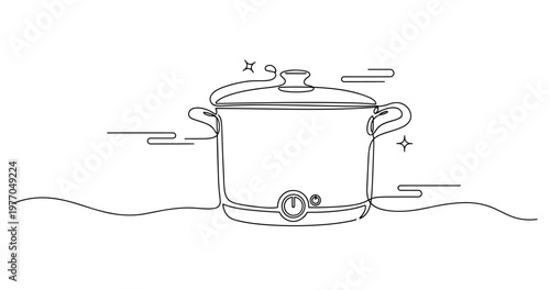 Minimalist line art of a slow cooker with decorative elements. None editable stroke