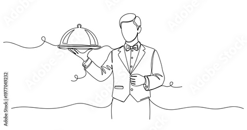 Line art of male waiter with cloche in elegant attire. None editable stroke