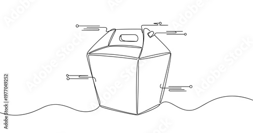 Minimalist line art of takeout box design with digital accents. None editable stroke