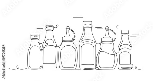 Continuous line art bottles: diverse shapes of condiment containers. None editable stroke