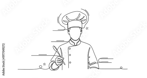 Line art chef illustration: young male caucasian cook with cooking hat. None editable stroke