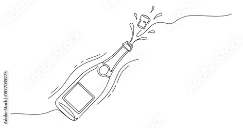 Line drawing of champagne bottle with cork popping and splashing liquid. None editable stroke
