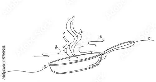 Continuous line drawing of a steaming frying pan. None editable stroke