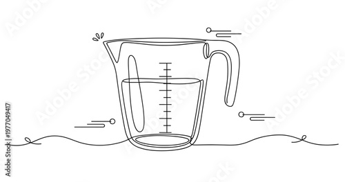 Minimalist continuous line art of a measuring cup with scale and handle. None editable stroke