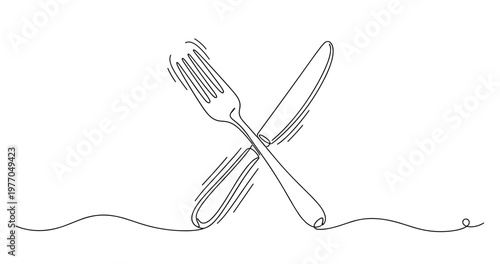 Minimalist line art of fork and knife in simple crossed arrangement. None editable stroke