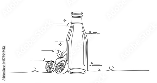 Minimalist line art of a bottle and citrus fruits with creative design elements. None editable stroke