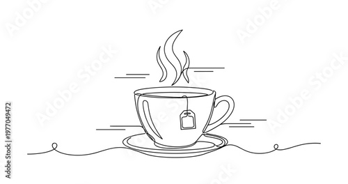 Minimalist line art of a steaming tea cup with saucer and tea bag. None editable stroke