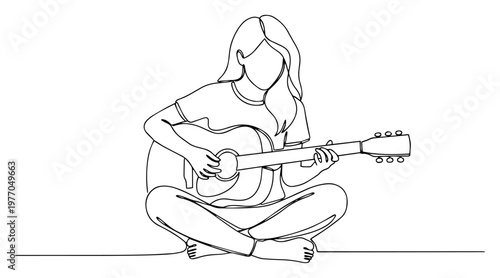 Foto Young girl playing acoustic guitar sitting cross legged continuous one line draw