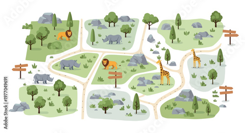 Cartoon zoo map with wild animals and walking paths, safari park layout with lions and giraffes, flat vector illustration for children education
