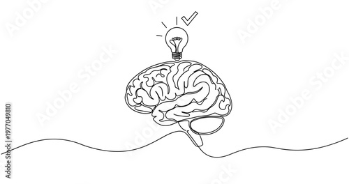 Continuous line art: brain with lightbulb and checkmark symbolizing ideas and success. no editable stroke