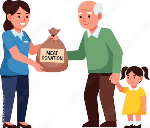 a woman and an old man exchanging a meat donation bag