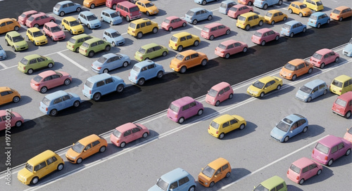 Colorful cars parked in a large outdoor parking lot.