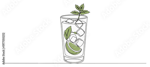 Single continuous line drawing of a fresh Mojito cocktail with mint lime and ice Refreshing summer drink concept Minimalist vector illustration