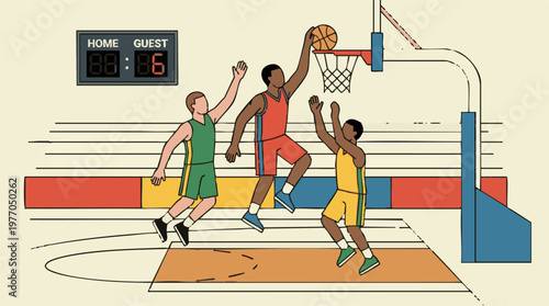Dynamic illustration of basketball players making a shot on the court
