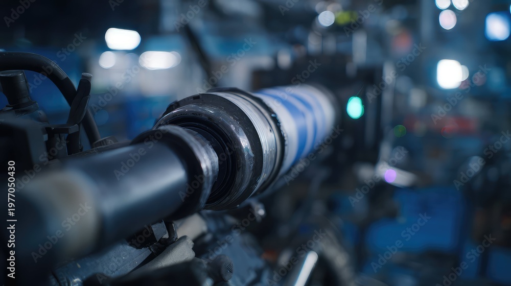 Fototapeta premium Industrial machine close up operating in a modern manufacturing facility, processing components and tubing with hydraulic precision and advanced technology
