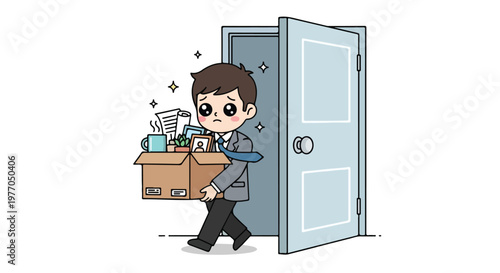 Sad businessman carrying a box of belongings out of an office door after being fired from his job