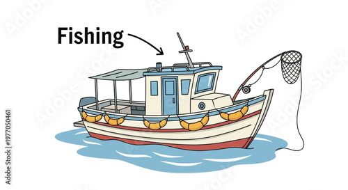 Fishing Boat Sailing On Water With Fishing Net For Marine Recreation Concepts