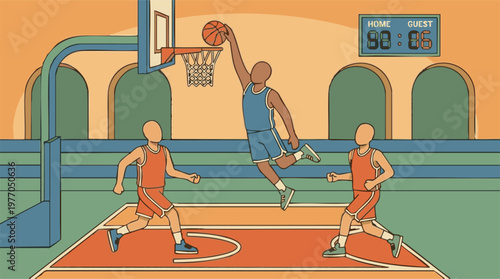 Basketball player performing a dunk during an active game on the court