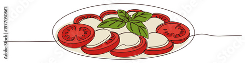 Single continuous line drawing of a Caprese salad on a plate Traditional Italian dish with tomato mozzarella and basil Minimalist vector illustration