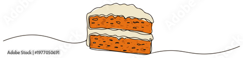 Slice of carrot cake with frosting continuous one line drawing sweet homemade dessert vector illustration