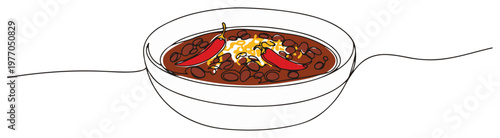 Single continuous line drawing of a bowl of chili con carne Spicy Mexican food dish concept Minimalist vector illustration