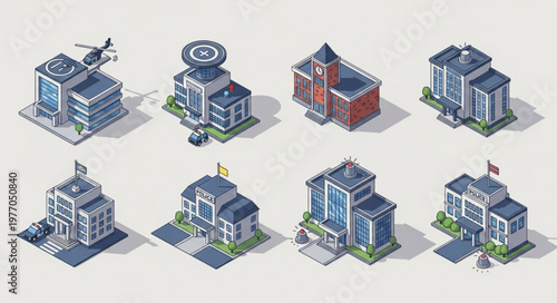 Collection of isometric buildings and structures with helicopter pad.