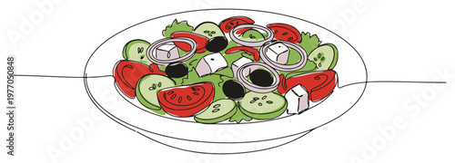Single continuous line drawing of a fresh Greek salad on a plate Healthy Mediterranean food concept Minimalist vector illustration