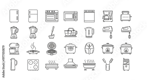 Collection of kitchen appliance icons in a grid format.