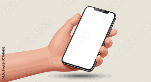 Hand holding modern smartphone with blank screen, isolated on light background, mockup