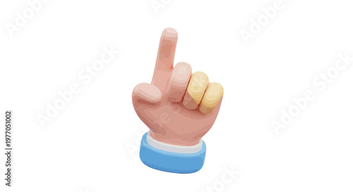 3D Hand Pointing Upwards, Index Finger Raised, Blue Cuff, White Background