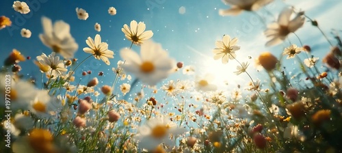 Whimsical Daisy Flower Symphony Under Serene Blue Skies An Endless Summer Escape Awaits You