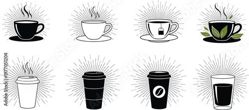 Hot coffee and tea cup vector icons set featuring vintage sunburst rays steaming mugs take away paper cups and herbal tea elements for cafe and restaurant branding designs.