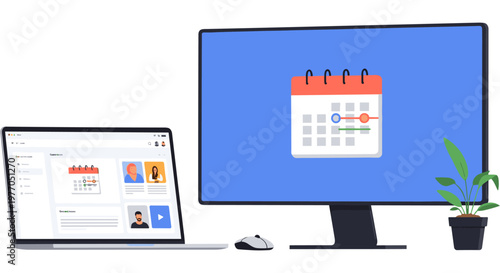Computer and laptop with calendar on screen in modern workspace with green plant in bright lighting for business planning