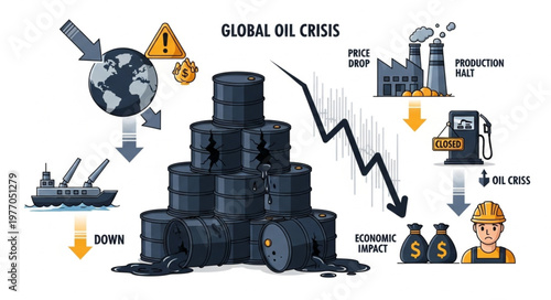 Global oil crisis illustration with barrels and economy impact.