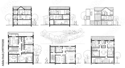 Architectural drawings: floor plans, sections, and elevations of a modern house