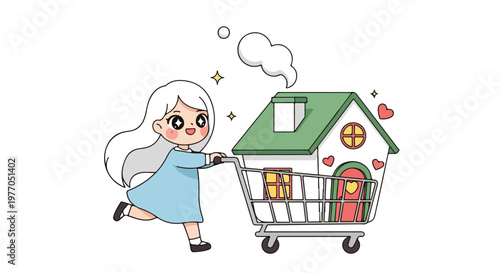 Cute cartoon girl pushing a shopping cart with a small house inside, representing home buying or moving
