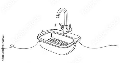 Minimalist line drawing of kitchen sink with faucet and draining board. Non editable stroke