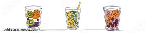 Set of detox fruit infused water continuous one line drawing collection of refreshing summer drinks vector art
