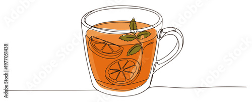 Glass cup of hot tea with orange and mint continuous one line drawing warm citrus beverage minimalist vector illustration