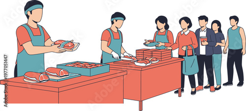 people waiting in line for food at a buffet table