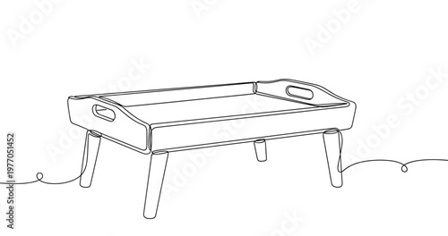 Black and white line drawing of a minimalist coffee table with handles. Non editable stroke