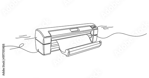Large format printer line art sketch with paper roll and controls. Non editable stroke