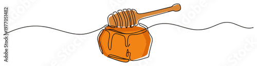 Honey pot with a wooden dipper. Continuous one line drawing with color vector illustration.