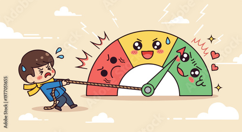 Stressed person struggling to pull a gauge showing a positive emotion and high performance