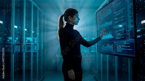 Data engineer woman reviewing analytics dashboards on large screen inside datacenter corridor