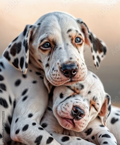adorable dalmatian puppies cuddling together in a warm embrace, showcasing their playful nature and unique spotted coats - AI Generated Digital Art