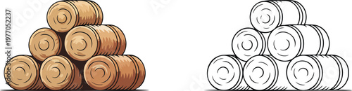 Hay bales illustration & outline set isolated on transparent background