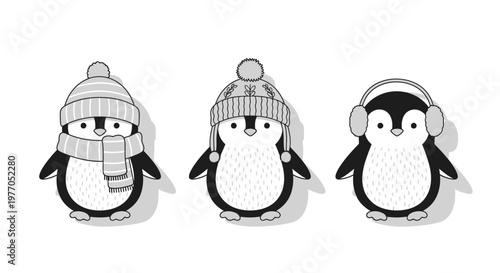 Three Adorable Penguins Wearing Winter Clothing For Cold Weather Concepts
